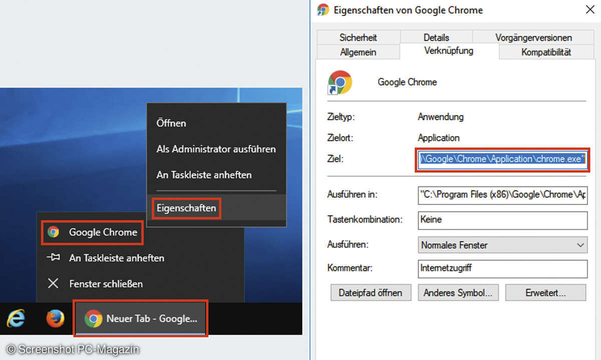 Verknüpfung mit Browser erstellen