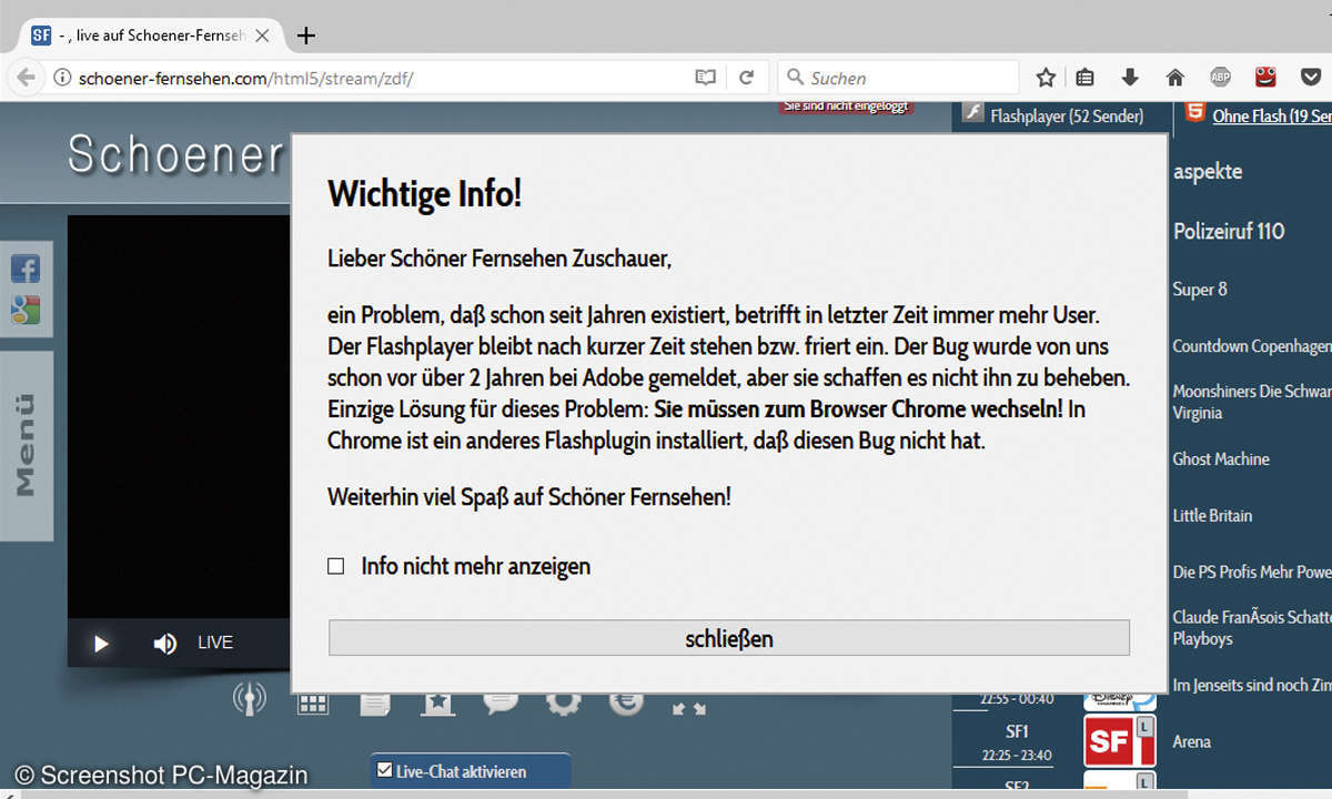 Fehlermeldung Webseite in anderem Browser öffnen