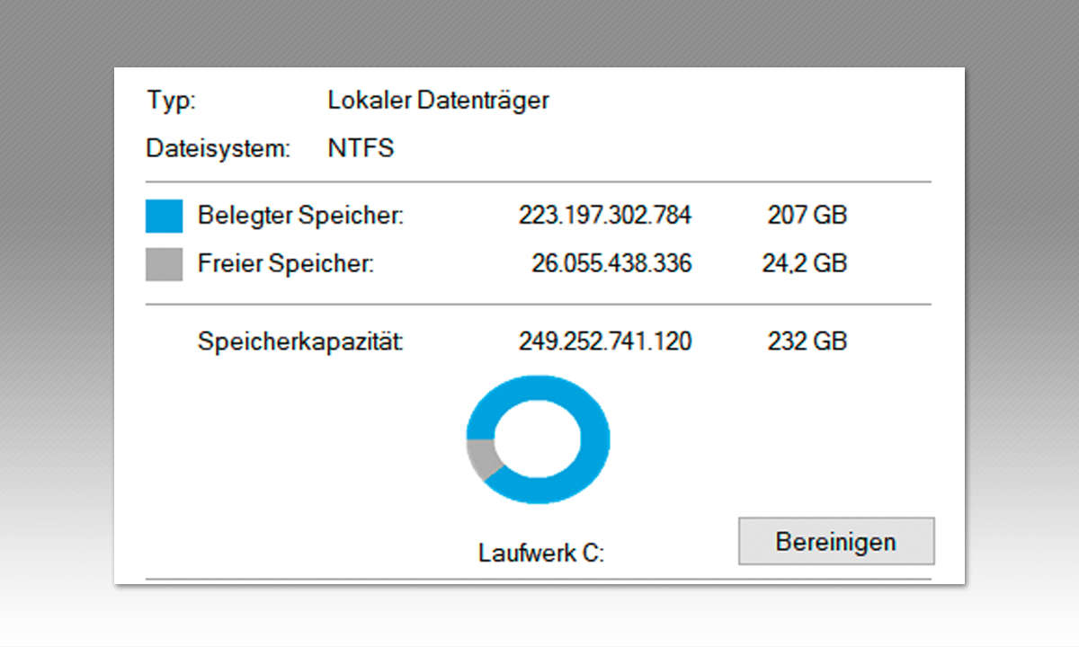 Windows 10 schlanker - Speicherplatz vorher