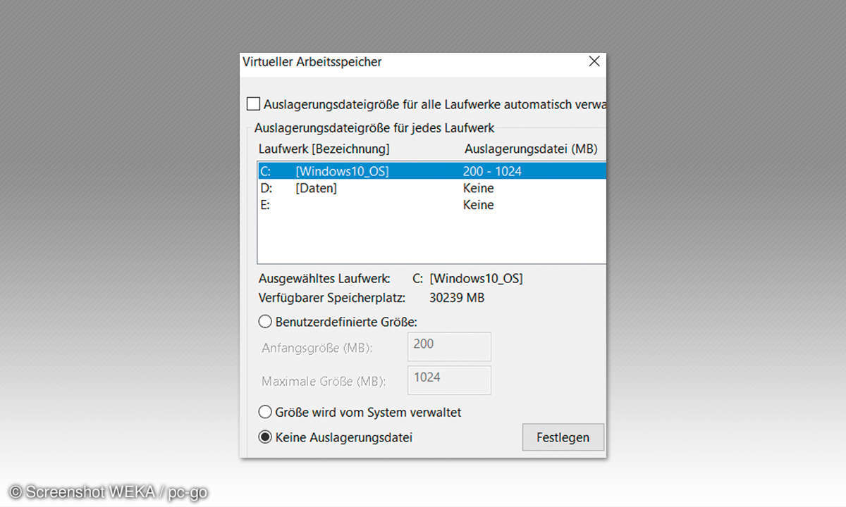 Windows 10 schlanker - Virtueller Arbeitsspeicher abschalten