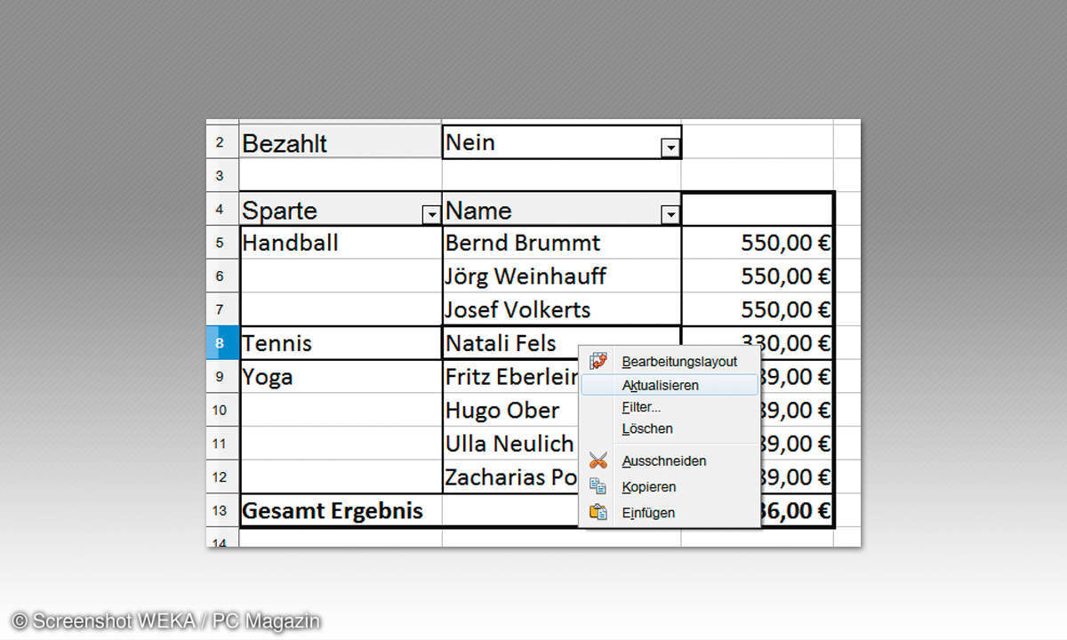 OpenOffice Calc - Pivot-Tabellen - aktualisierten