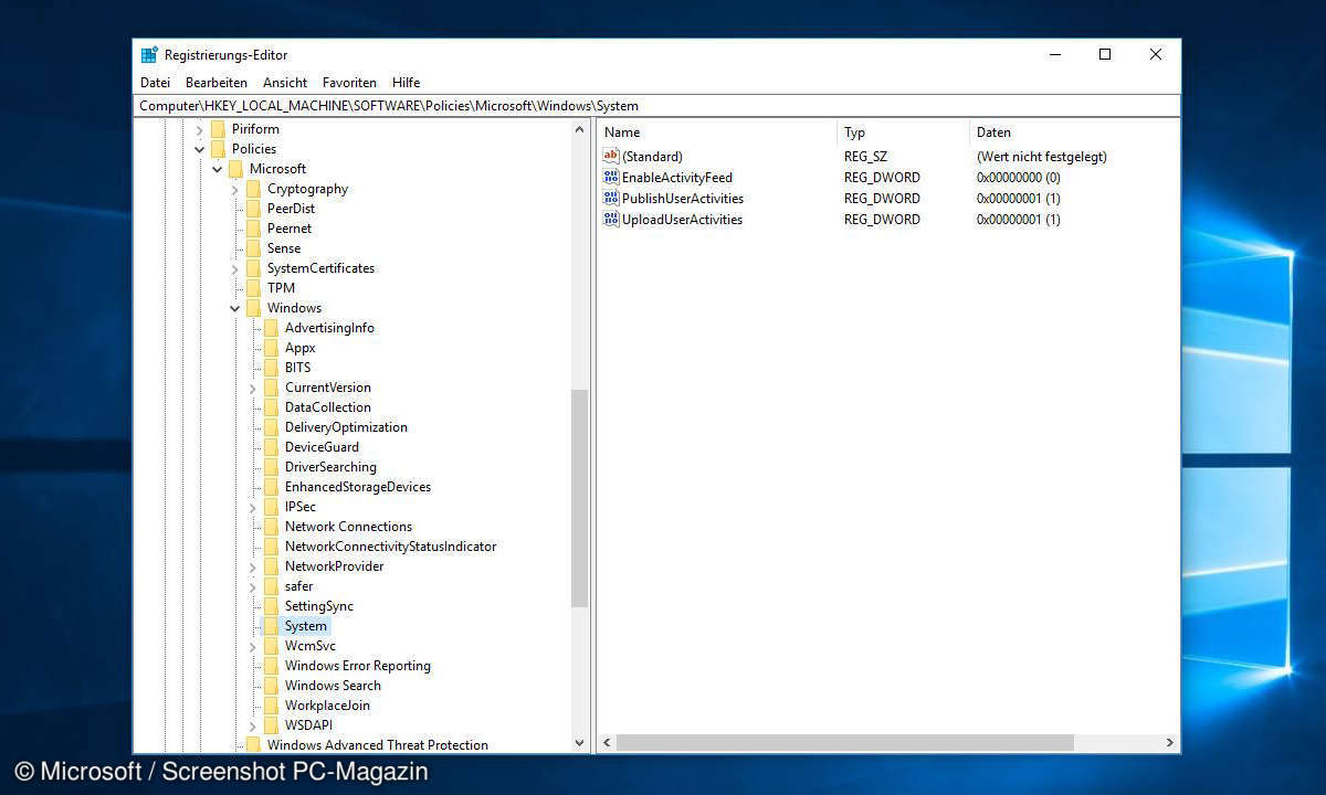 Windows 10 enableactivityfeed Wert 0 Registry Editor