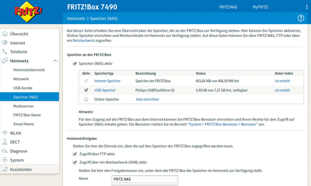 fritzbox heimnetz speicher nas