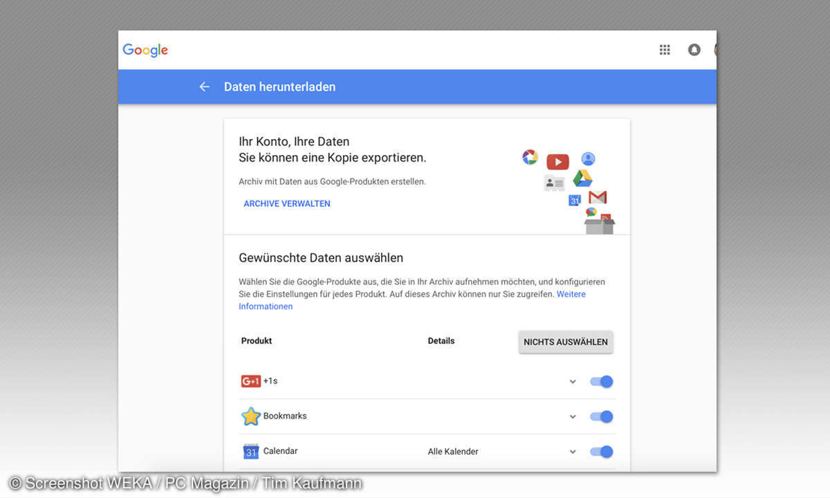 Google-Daten herunterladen: Archiv erstellen - Daten auswählen