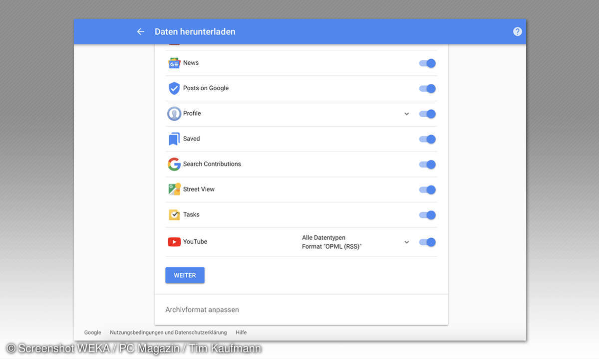 Google-Daten herunterladen: Archiv erstellen