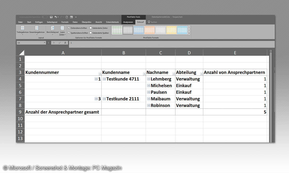 Excel: Relationale Datenbanken - Felder in Pivot-Tabelle