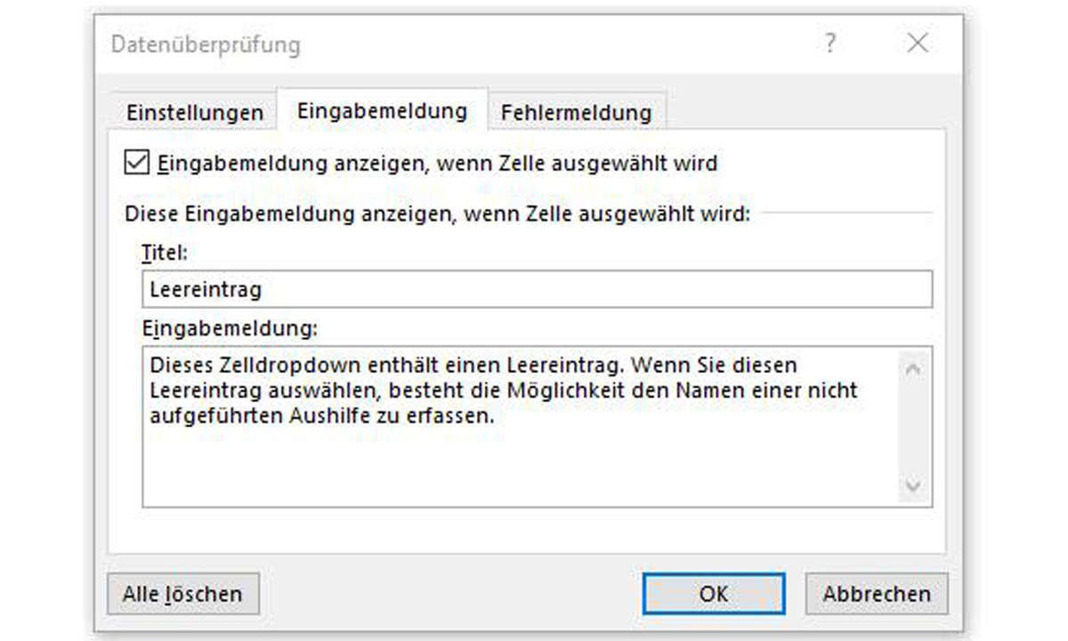 excel dropdown hilfetext
