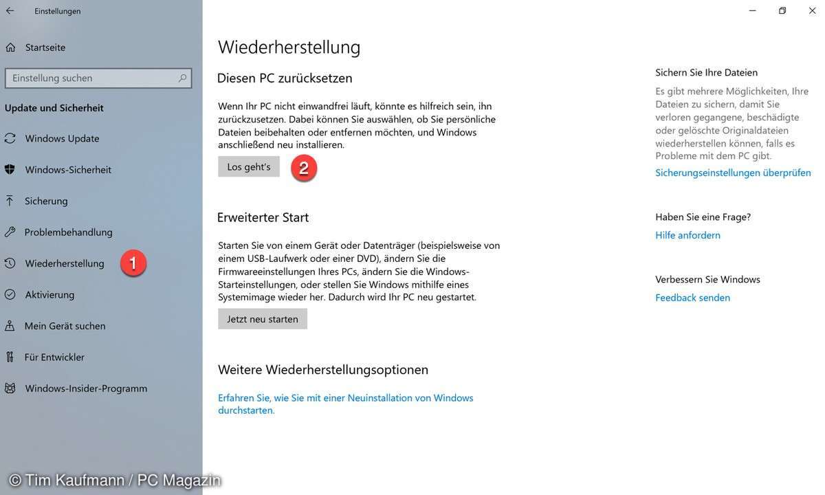 Windows 10 zurücksetzen und dabei alles löschen