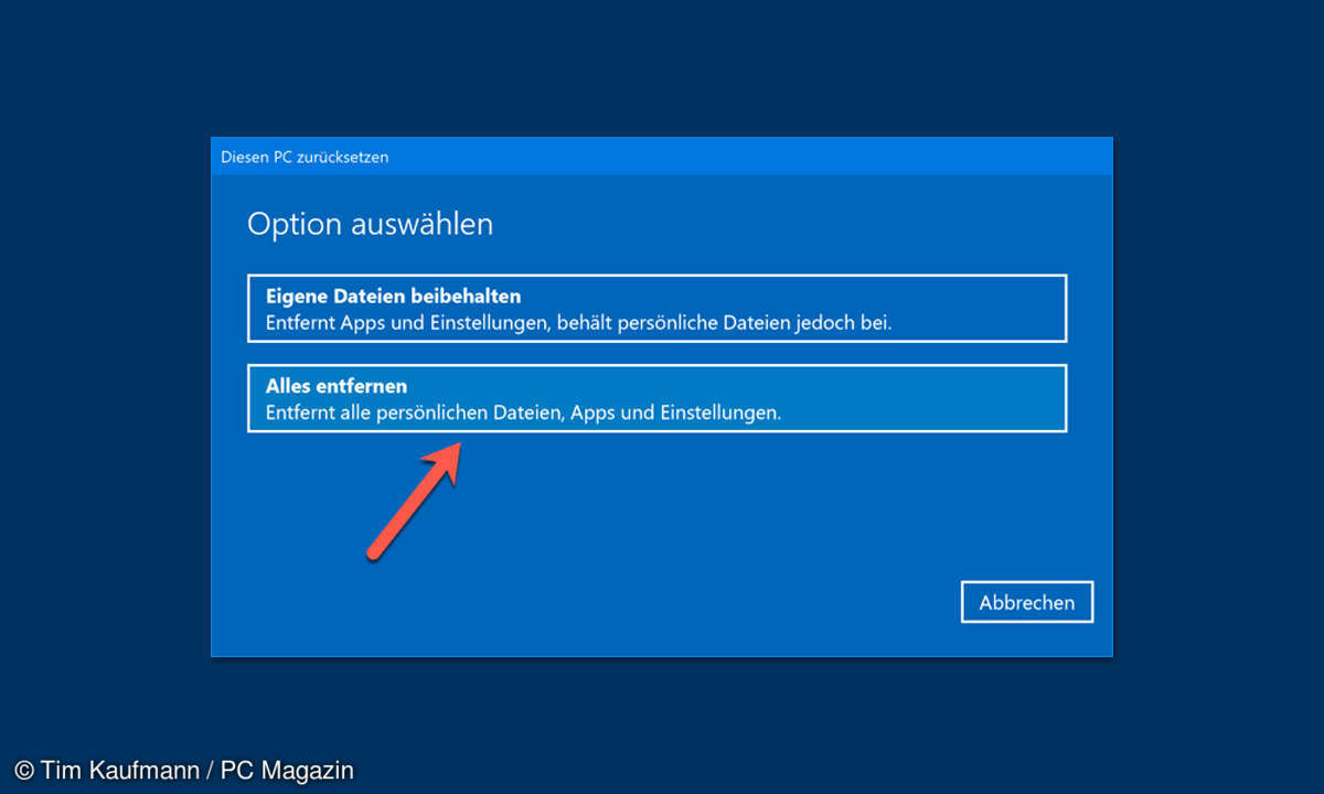 Windows 10 zurücksetzen und dabei alles löschen