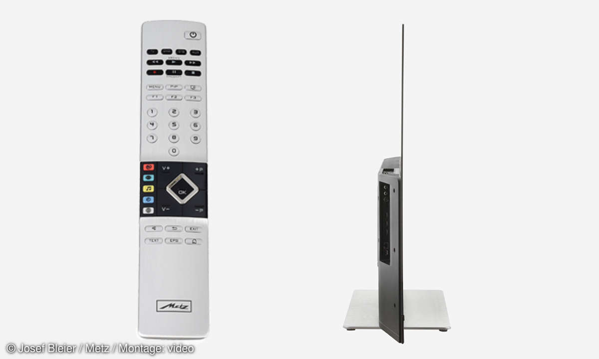Metz Topas 55 TX 99 OLED twin R: Seitenansicht und Fernbedienung