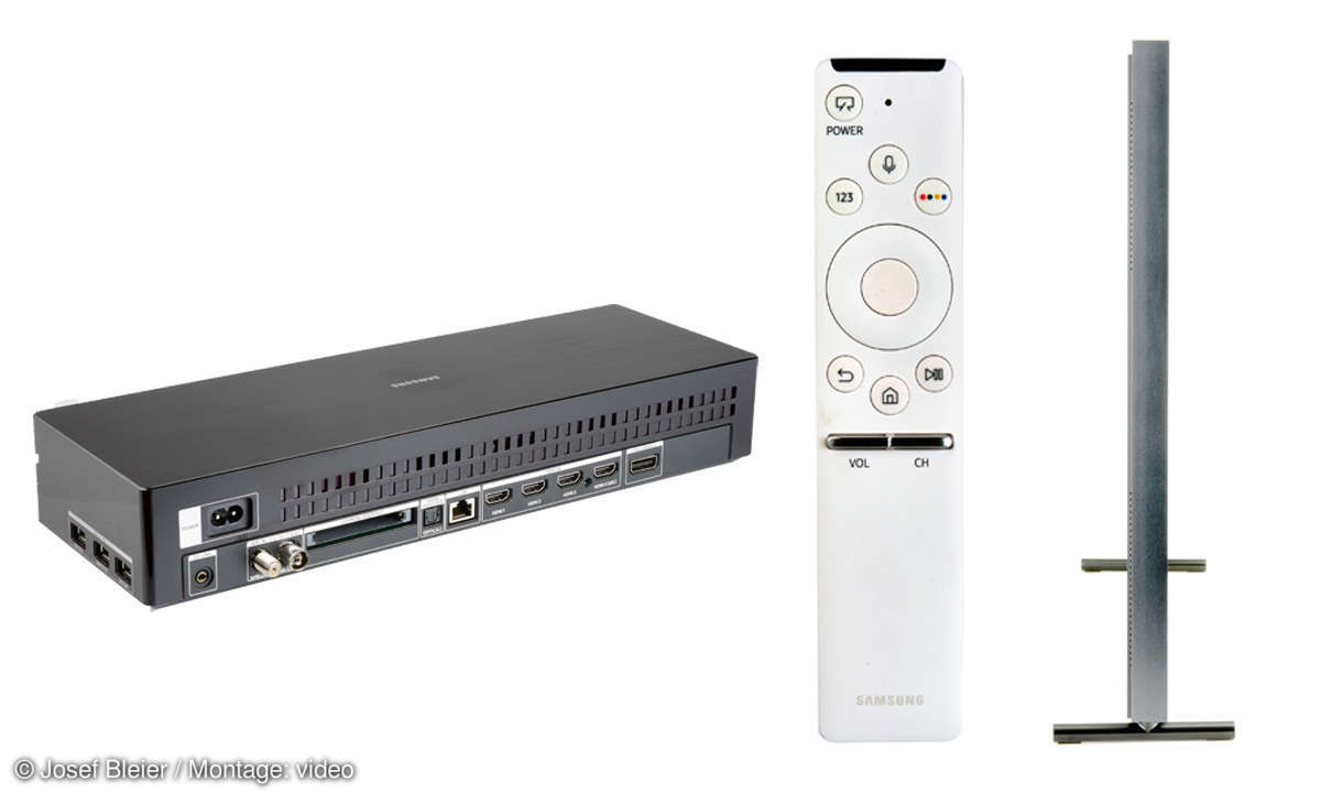 Samsung UE 55LS03N „The Frame“: Seitenansicht, Fernbedienung und Anschluss-Box