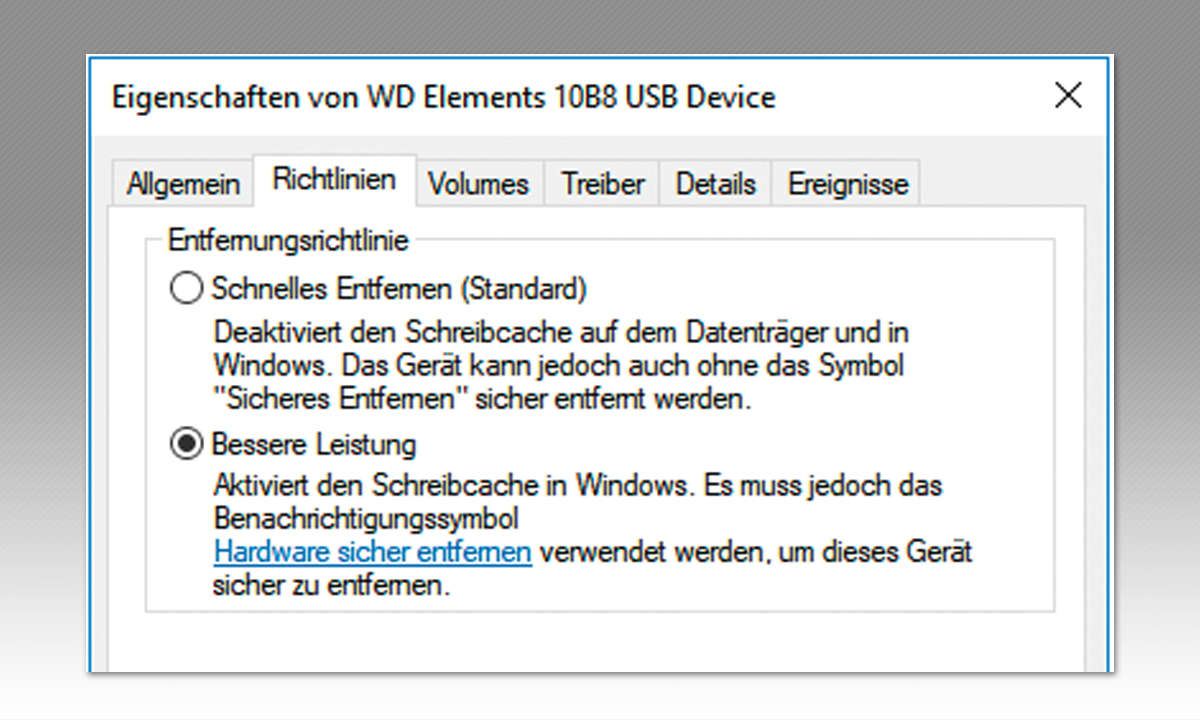 Windows-Tipp: Externe Festplatte zu langsam? Einstellung Externe Festplatte