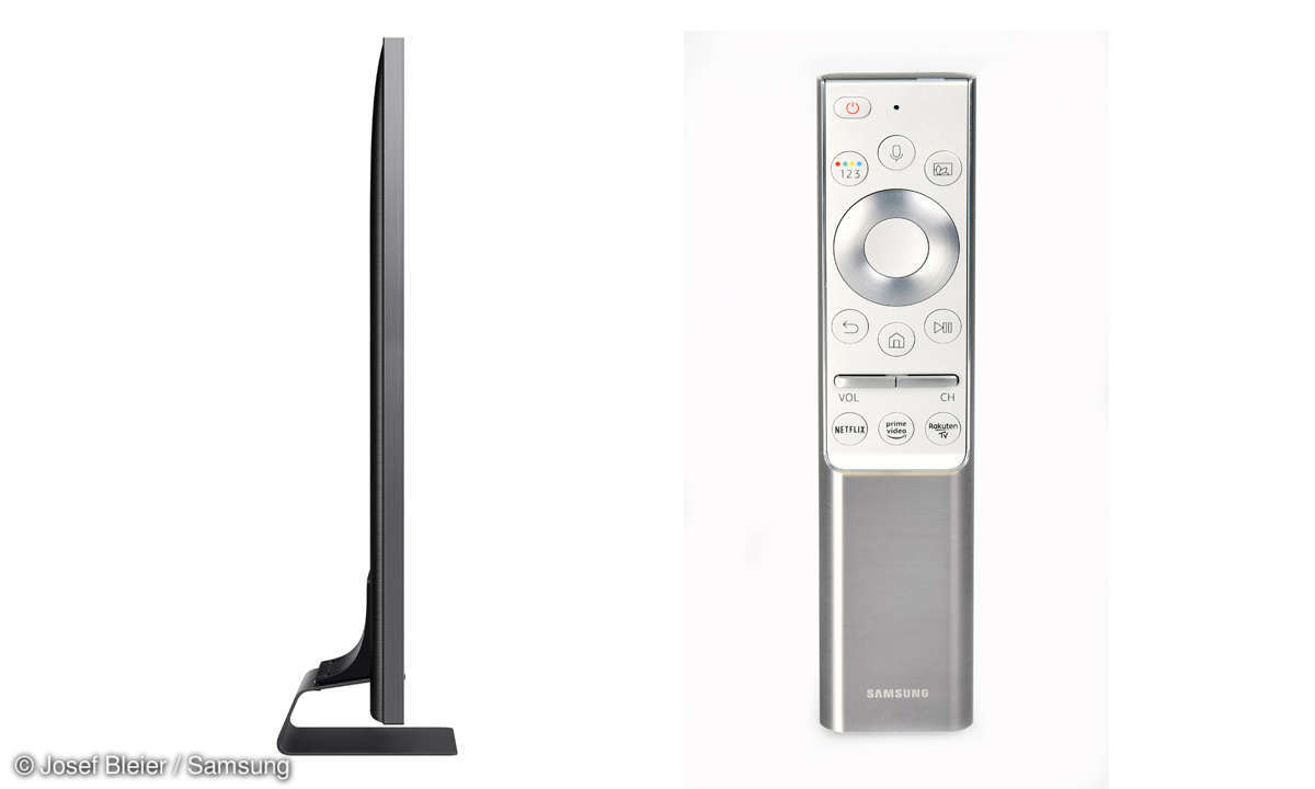 Samsung GQ65Q90R: Seitenasicht und Fernbedienung