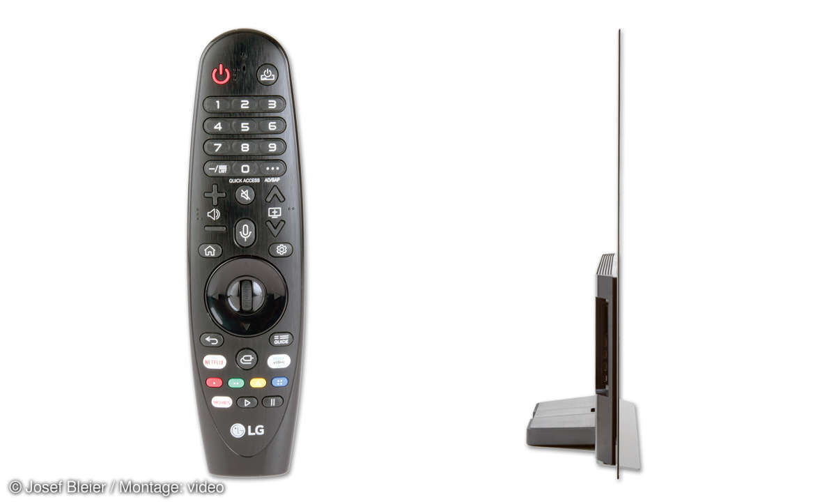 LG OLED65C9 im Test: Fernbedienung und Seitenansicht TV