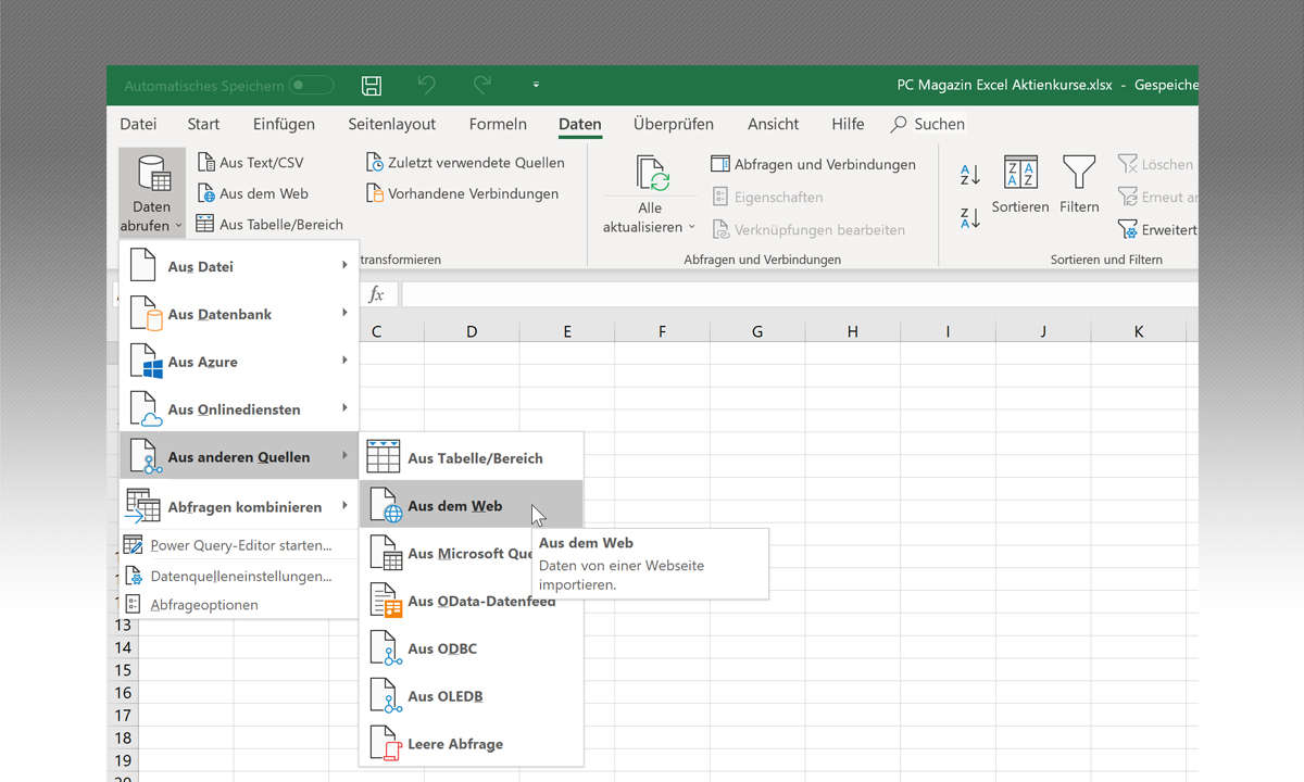 Excel-Aktienkurse importieren und abrufen