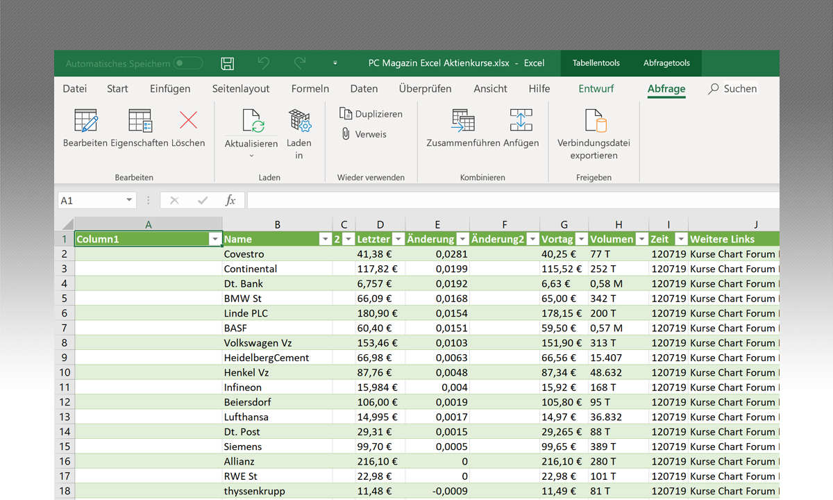 Excel-Aktienkurse importieren und abrufen
