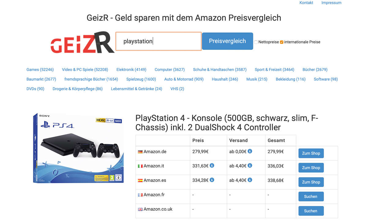Amazon USA, Italien, Frankreich & Co.: GeizR Screenshot