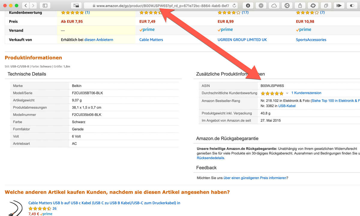 Amazon USA, Italien, Frankreich & Co.: Amazon Artikelnummer ARSIN