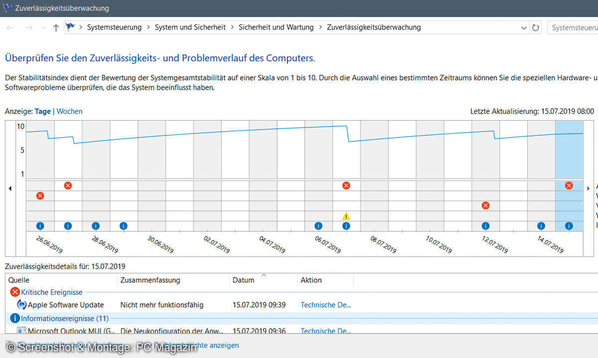 PC-Probleme beheben: Fehler gezielt finden, analysieren und beseitigen - Zuverlässigkeitsüberwachung Screenshot