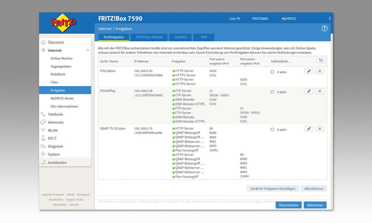 NAS absichern: Fritzbox Portfreigabe Screen