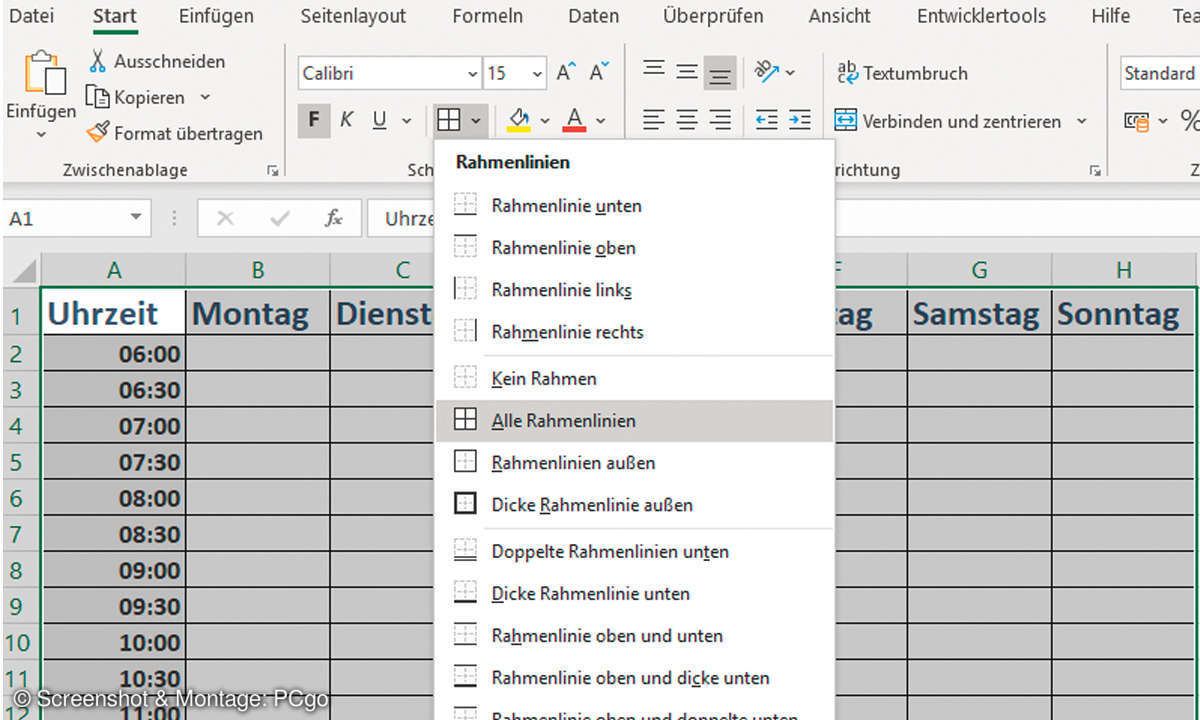 Excel: So erstellen Sie einen Stundenplan - Rahmenlinien
