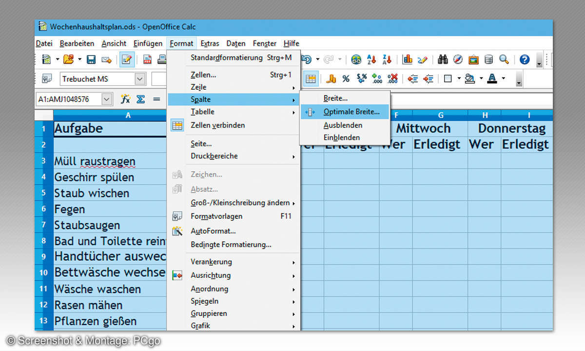 OpenOffice calc: So erstellen Sie einen Wochenplan für Hausarbeiten - Aufgaben verteilen