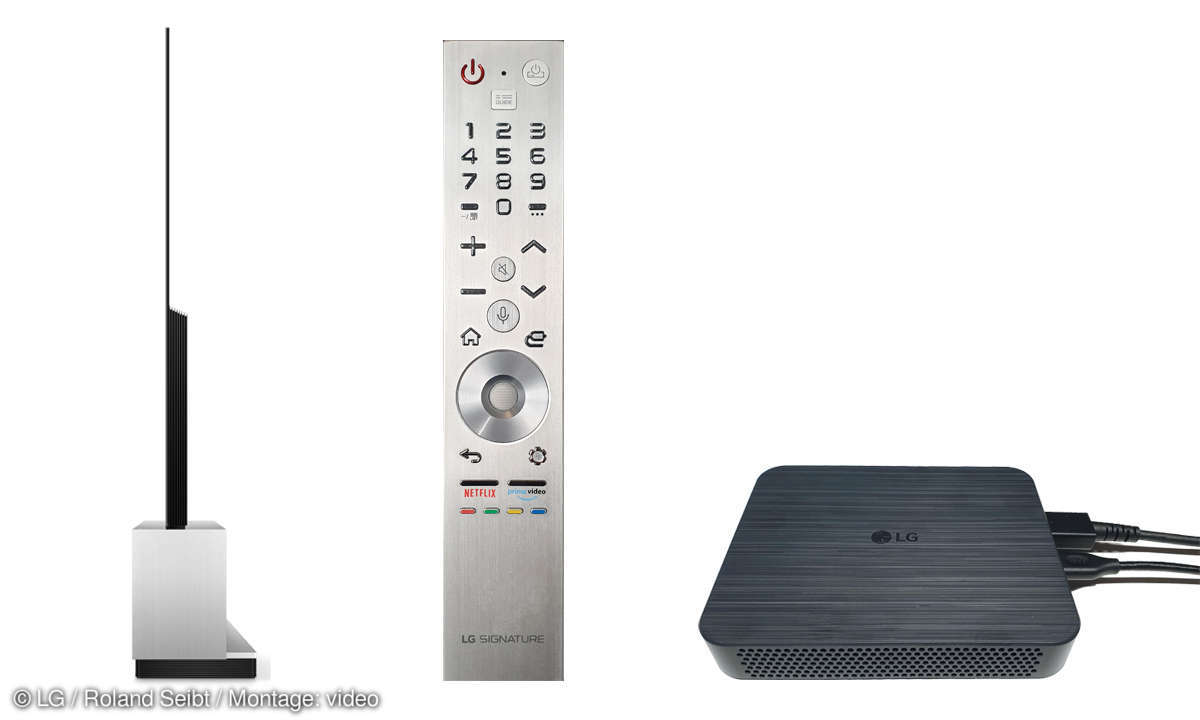 LG OLED 88Z9PLA im Test - TV Seitenansicht, Fb und Decoderbox