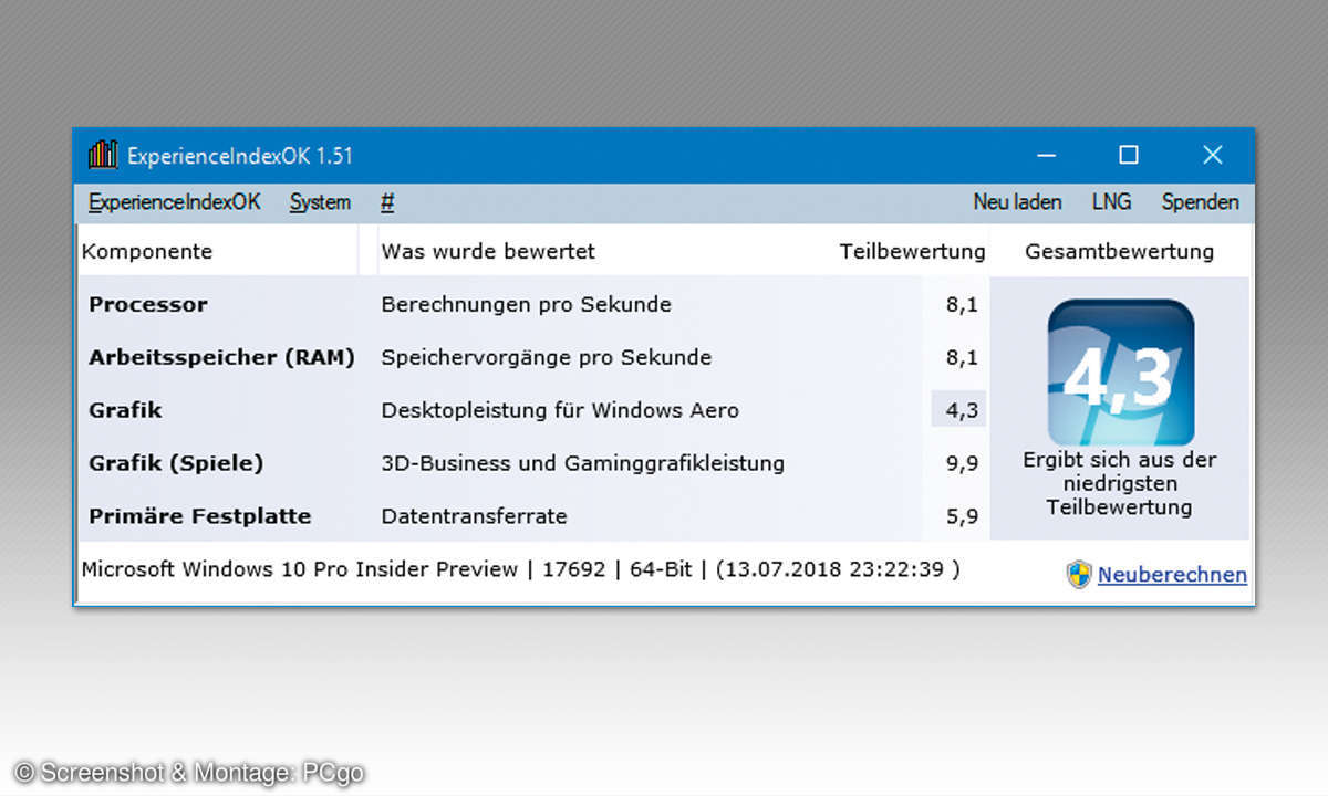 Microsoft Windows 7 Design für Windows 10: So geht's - Leistungsindex