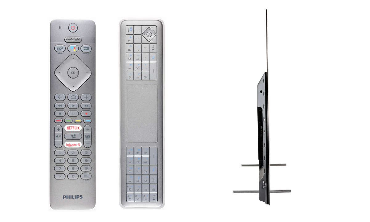 Philips 65OLED804 im Test - Fernbedienung und Seitenansicht