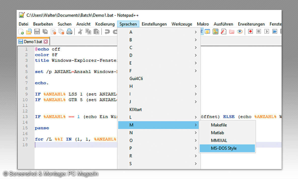 Windows 10: So erstellen und nutzen Sie Batch-Dateien - Notepad++ MS-DOS Style Screenshto
