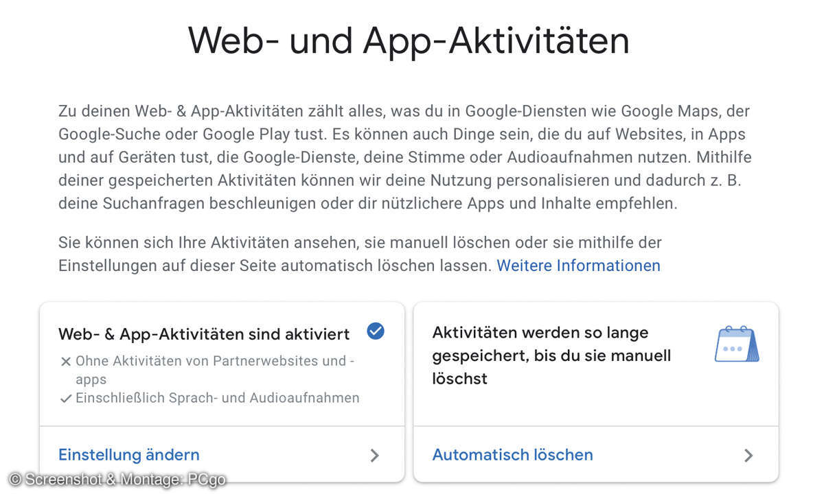 Sichere Google Einstellungen: Web- und App-Aktivitäten