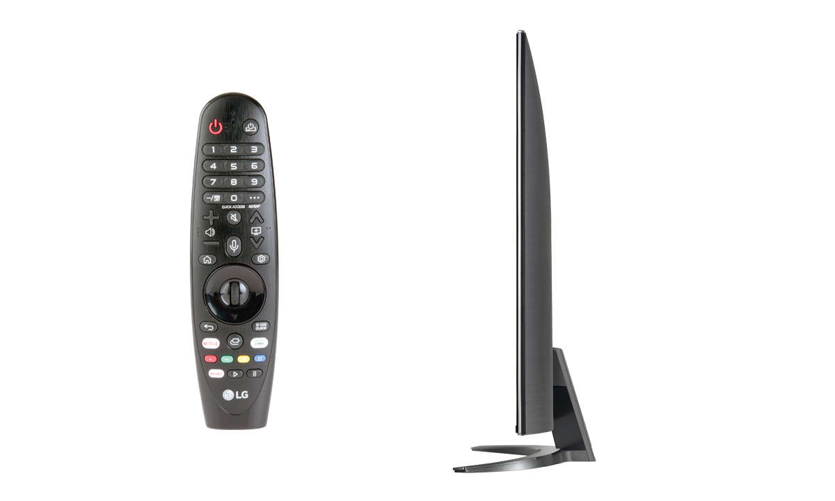 Gaming am TV: LG 49SM90007LA im Test - Fernbedienung und Seitenansicht