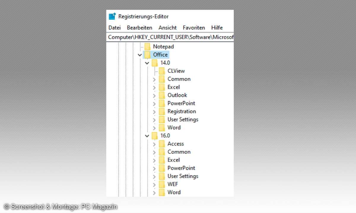 MS Office: Standardeinstellungen wiederherstellen - Registry-Schlüssel Screenshot
