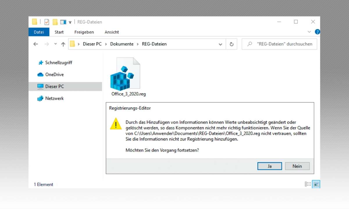 MS Office: Standardeinstellungen wiederherstellen - Registry-Schlüssel Doppelklick wiederherstellenScreenshot