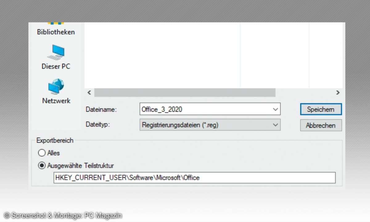 MS Office: Standardeinstellungen wiederherstellen - Registry-Schlüssel sichern Screenshot
