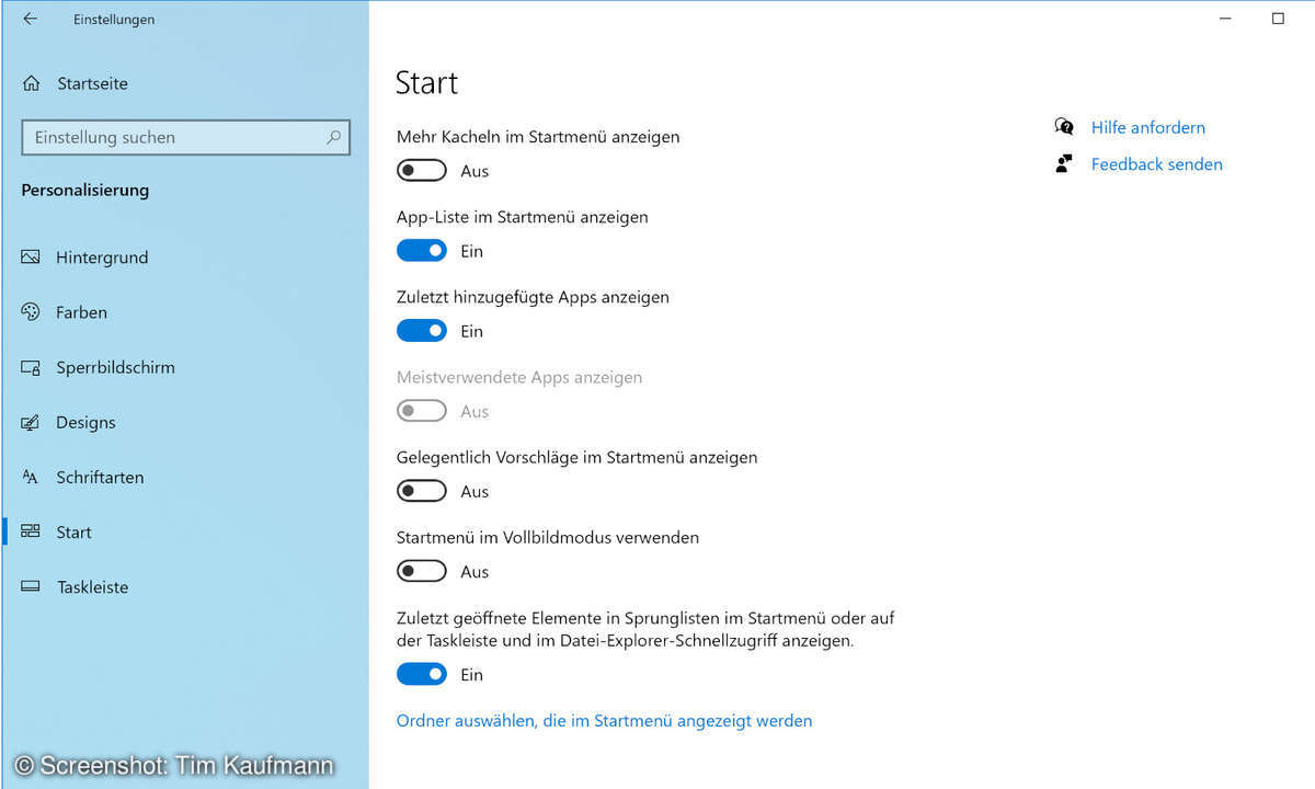 Einstellungen Windows Startmenü-Vorschläge