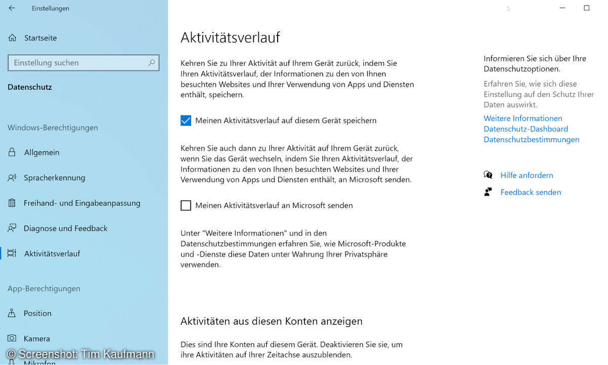 Windows Einstellungen Aktivitätsverlauf