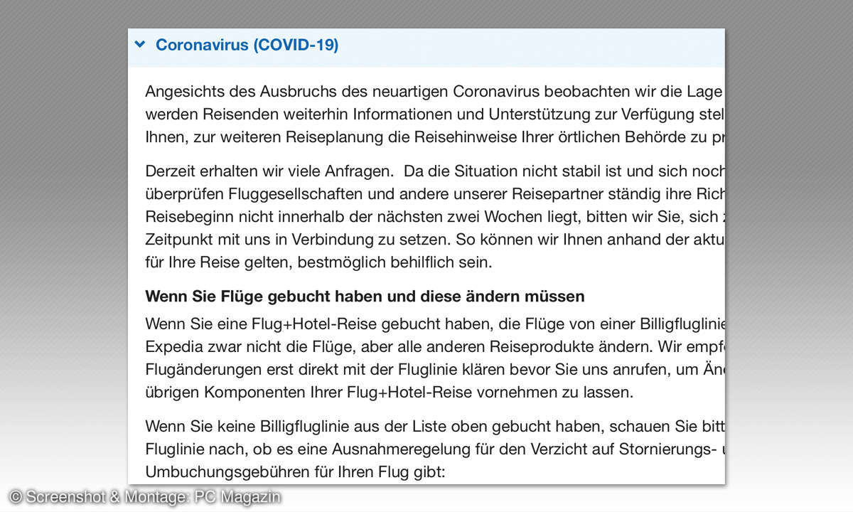 Online-Reiseportale im Vergleich: Wer bietet den besten Service? - Info von Expedia zum Corona-Virus Screenshot