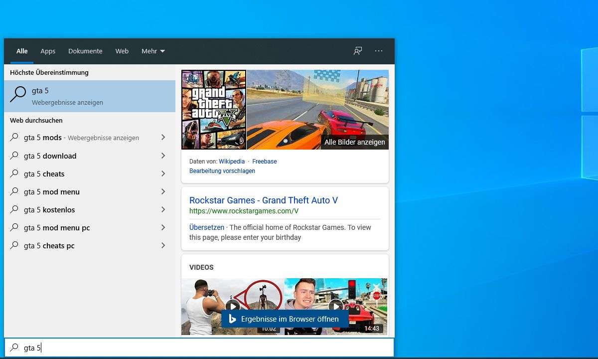 Windows 10 Startmenü: (Bing-)Suche abschalten