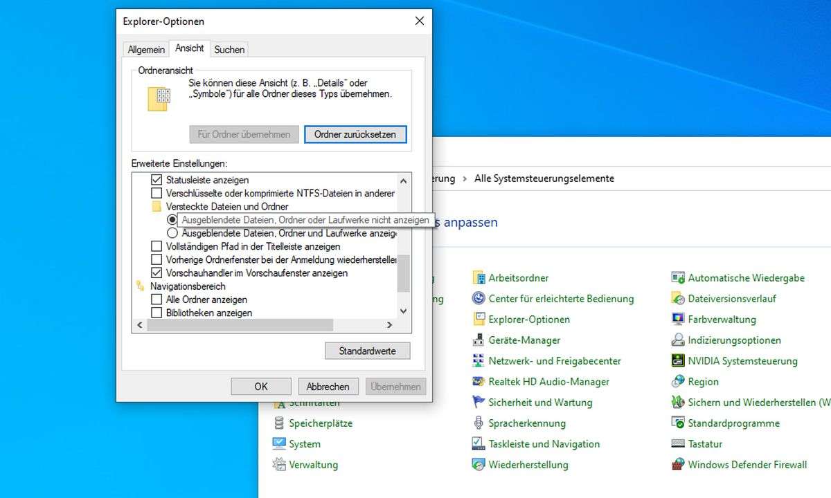 In den Ordneroptionen verwalten Sie das allgemeine Windows-Verhalten für Einstellungen zur Sichtbarkeit von Daten.
