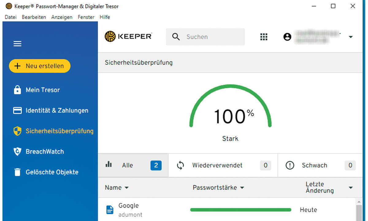 Passwort-Manager im Vergleich: Screenshot Keeper