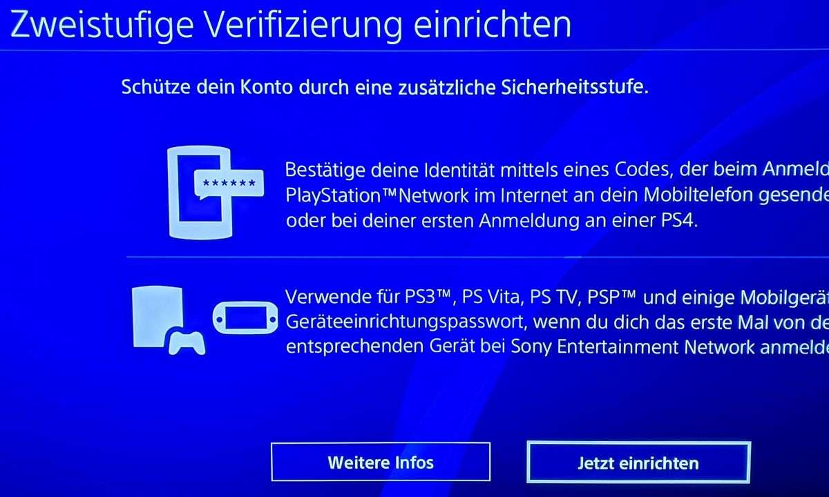 In diesem Menü können Sie die 2-Faktor-Authentifizierung für die PS4 und Ihr Konto einrichten.