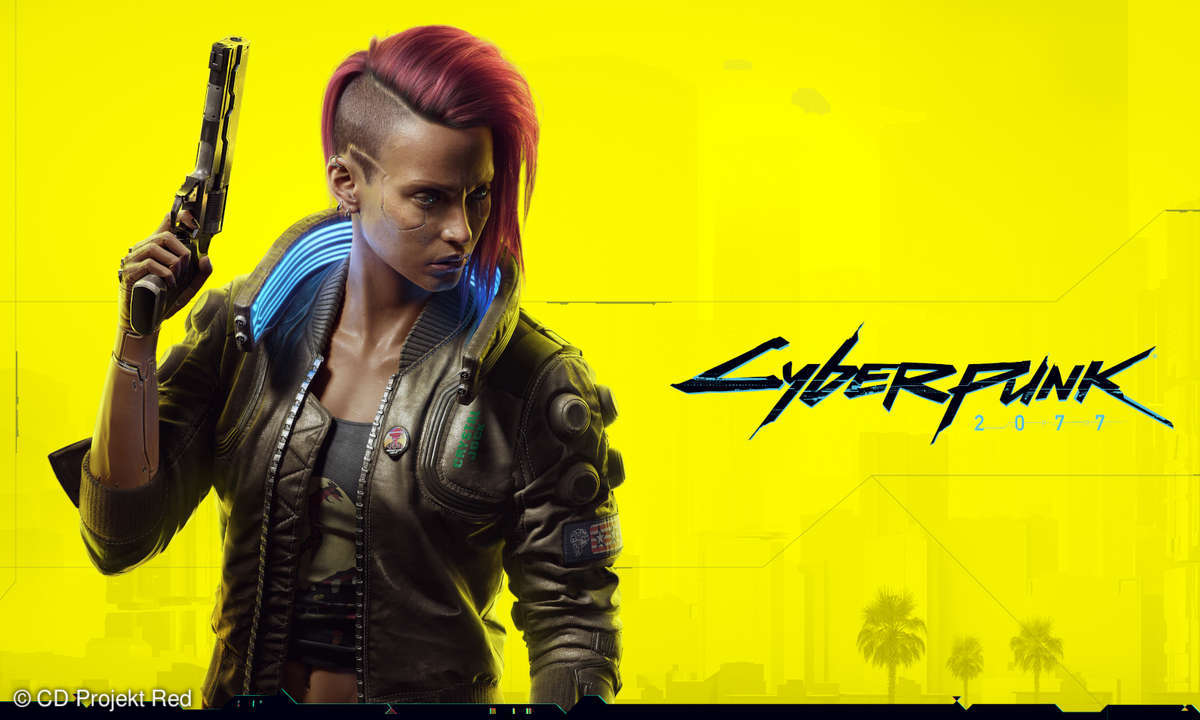 V aus Cyberpunk 2077 vor gelbem Hintergrund