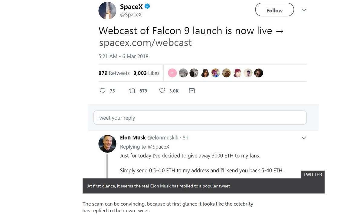 Alte Masche: Unter einem SpaceX-Tweet veranstaltet ein falscher Elon Musk ein Gewinnspiel.