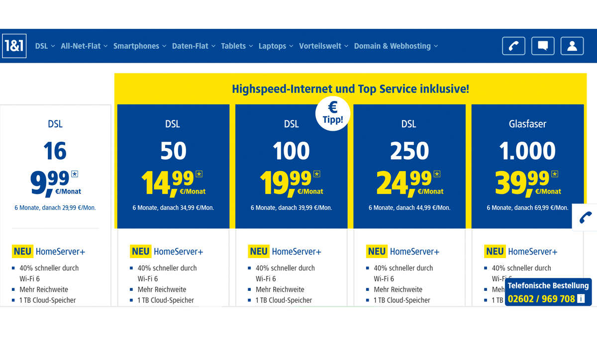 Breitband Tarif-Check 2021 - 1&1 Screenshot