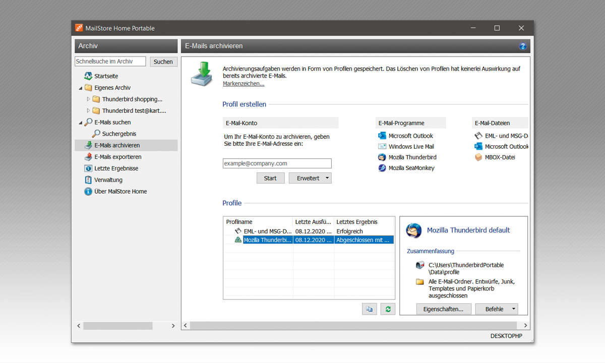 E-Mail-Postfach einfach umziehen: Screenshot Archiv verwalten
