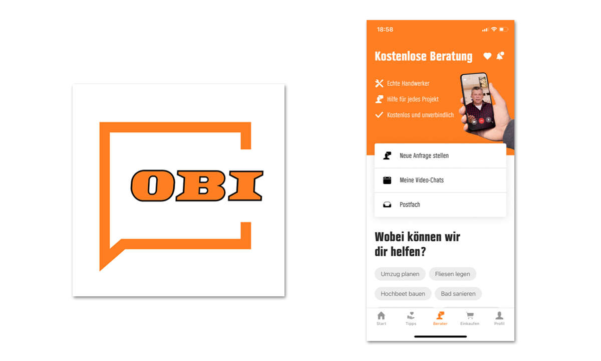 Baumarkt-App: Screenshot & Logo OBI