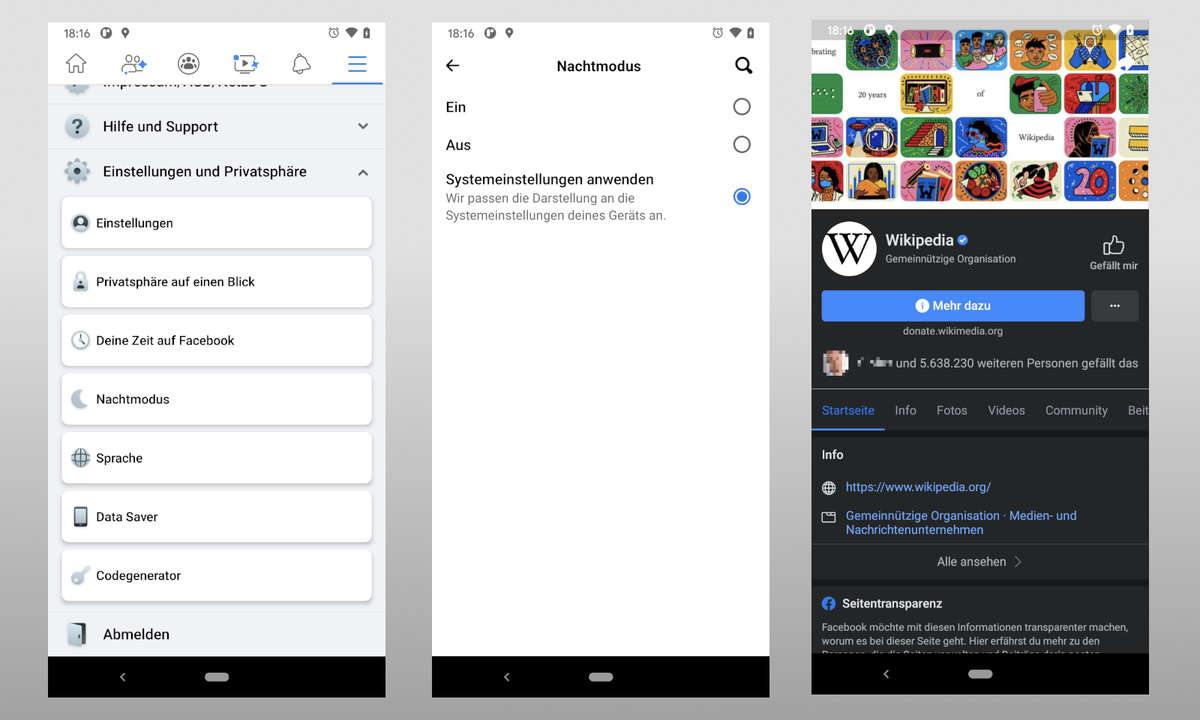 Screenshots vom Einrichten des Facebook Dark Mode unter Android