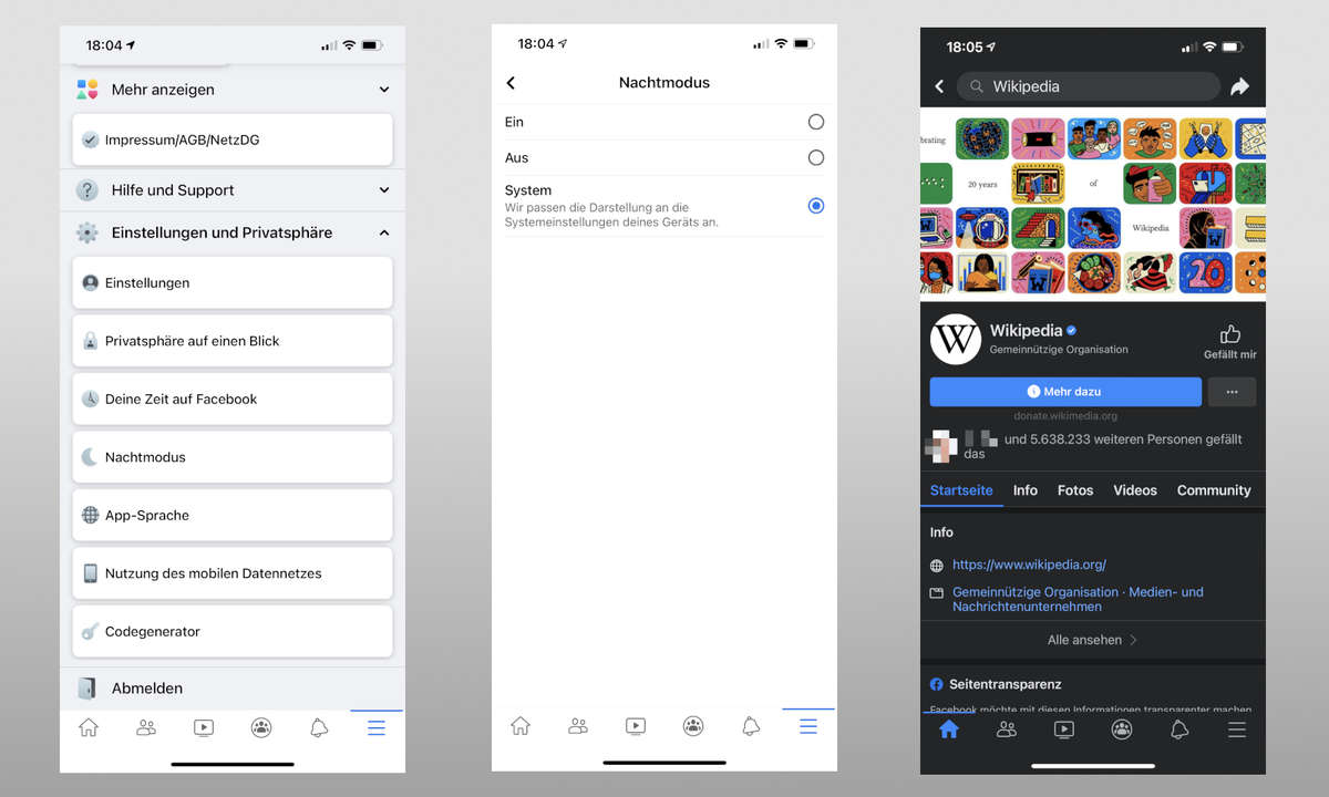 Screenshots vom Einrichten des Facebook Dark Mode unter Android