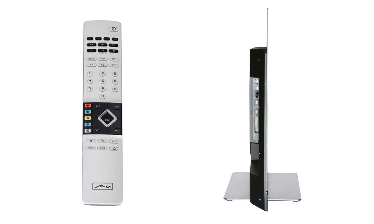 Seitenansicht und Fernbedienung des TV